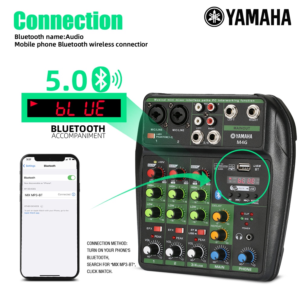 Mixer Audio Profesional YAMAHA M4G 4 saluran mendukung pemutaran Bluetooth/USB/MP3/PC peralatan rekaman Koleksi alat musik keluarga bernyanyi dj menggunakan Dukungan untuk penggunaan di dalam kendaraan