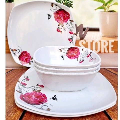 PROMO SET 6.PCS ISI 3.PIRING KOTAK SAJI 3.MANGKOK KOTAK MELAMINE MOTIF ROSE