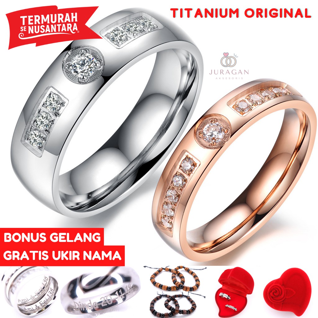 AILOVIU Cincin Couple Ukir Nama R30 Silver Rosegold Tunangan Kawin Titanium Ukir Nama + Box Cincin Beludru + BONUS Gelang Couple