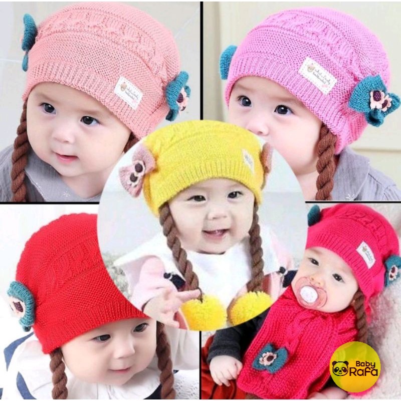 Topi Bayi Perempuan Rajut Pompom Model Kepang / Topi Rajut Premium Baby Girl model Kepang