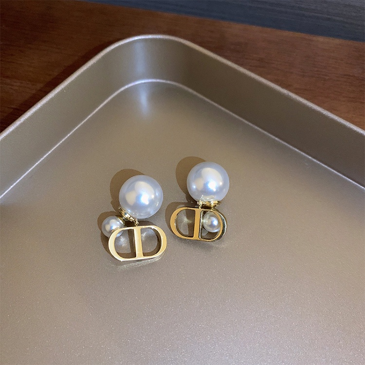 Anting Stud Mutiara Besar Double Ring Warna Emas Untuk Wanita