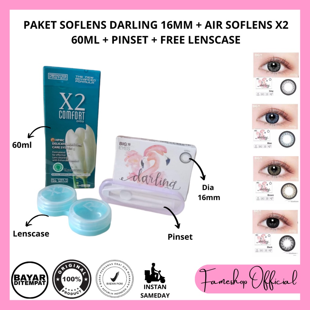 PAKET SOFTLENS DARLING DIA 16MM + CAIRAN NICE LOOK 60ML + PINSET + LENSCASE / COD INSTAN SAMEDAY / LENSA KONTAK / PAKET MURAH