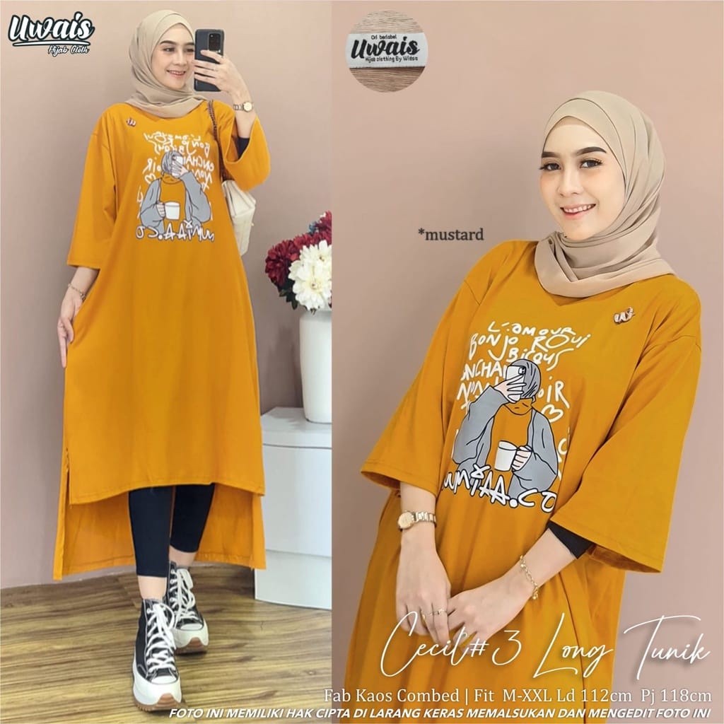 Pakaian Wanita Terbaru Cecil Long Tunik Matt Combed Aplikasi Sablon Baju Kaos Wanita Jumbo Midi Dress Muslim Tunik Panjang