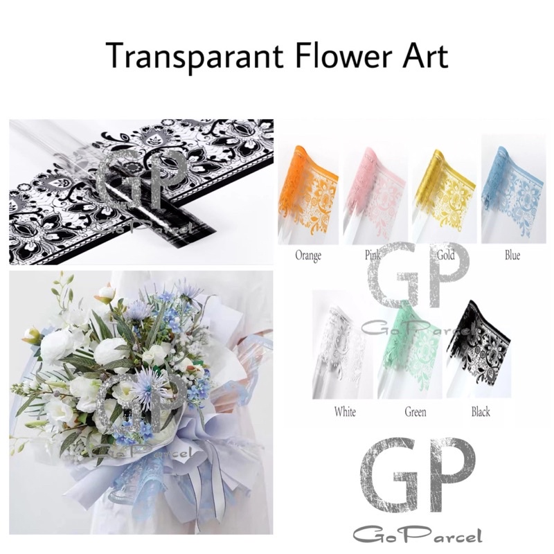 ( 5 Lembar ) TRANSPARANT FLOWER ART - FLOWER WRAPPING KOREAN PLASTIC WATERPROOF CELLOPHANE - KERTAS BUNGA RANGKAIAN KARANGAN BUKET FLORIST CLASSIC BATIK BUNGA TRANSLUCENT ABSTRACT GOLD BLACK PINK WHITE ORANGE BLUE COLOR