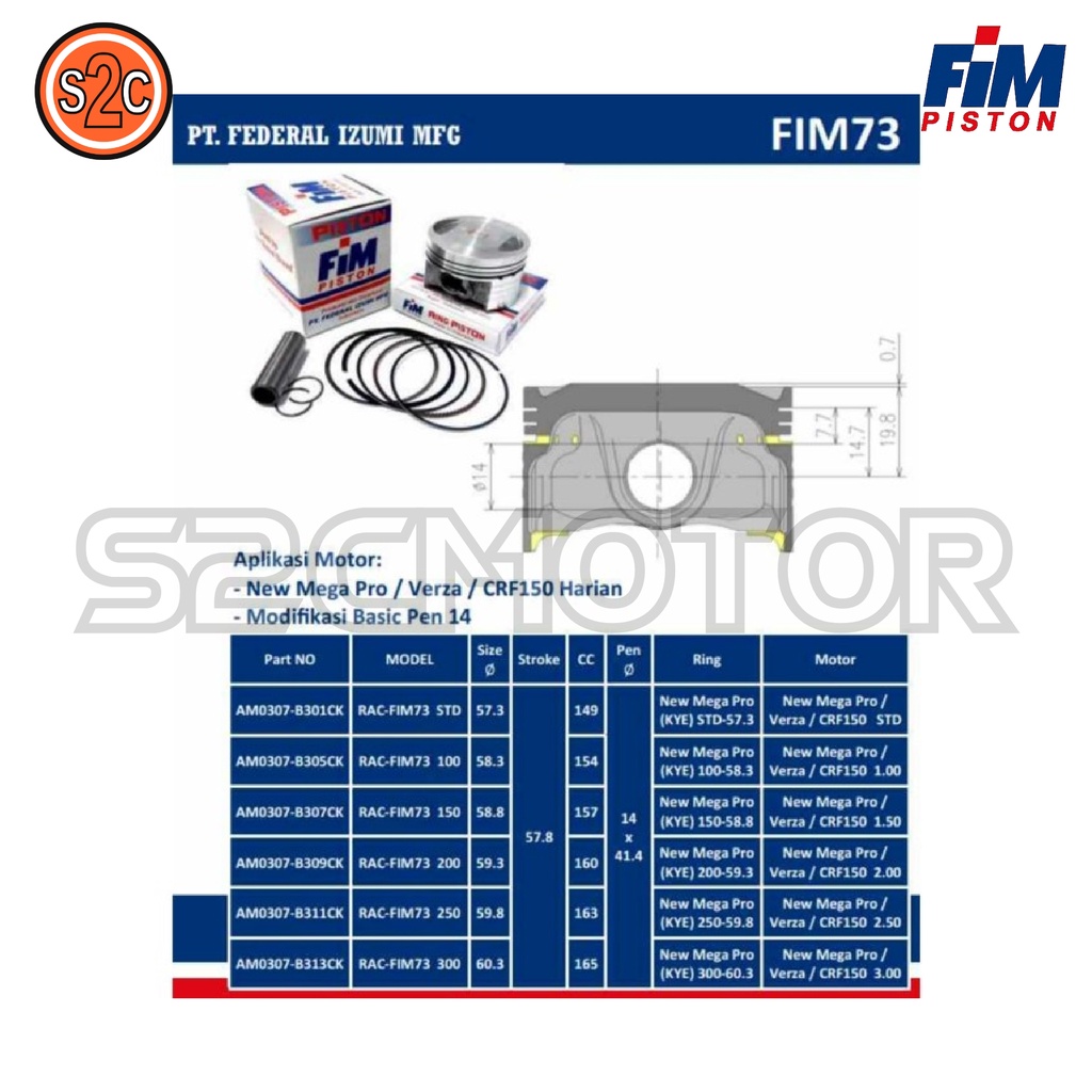 PISTON KIT VERZA MEGAPRO MONO SHOCK  CRF 150 FIM73 PIN 14 FIM 73-2