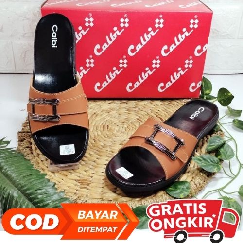 Sepatu Sandal Wedges Calbi Wanita Sendal Kondangan Kulit Casual Slop Slip On Murah Sandal Perempuan 