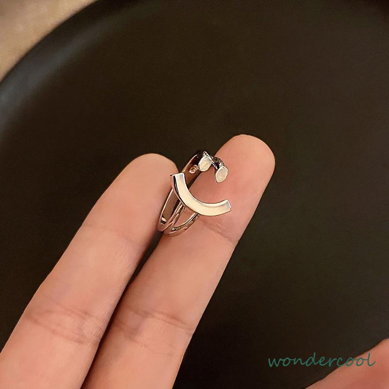 Cincin Model Terbuka Adjustable Desain Smiling Face Warna Silver Untuk Wanita-Won