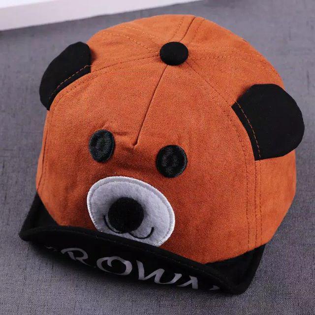 Topi anak bayi motif beruang lucu dengan bahan yang halus dan nyaman dipakai warna biru abu oren dan beige untuk anak usia 1tahun sampai 3 tahun topi baseball anak-Beruang Coklat