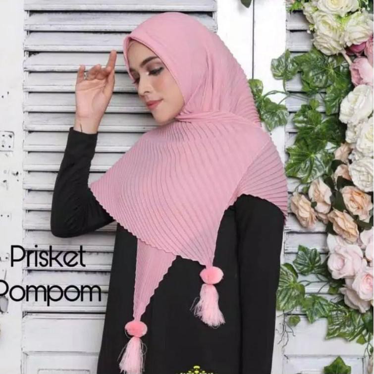 2.2 Flash Sale SEGI EMPAT PLISKET POM POM /hijab plisket/ kerudung segi empat polos/ kerudung polos/