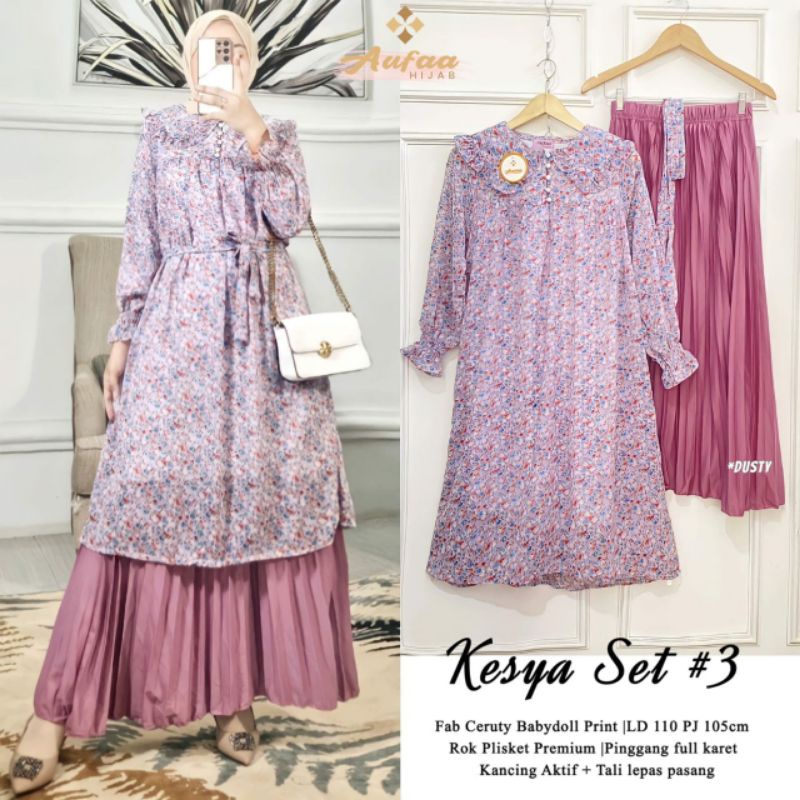 Kesya set #3 #4 by Aufaa setelan stelan wanita tunik mix rok plisket bigsize ld 110 kancing aktif bu
