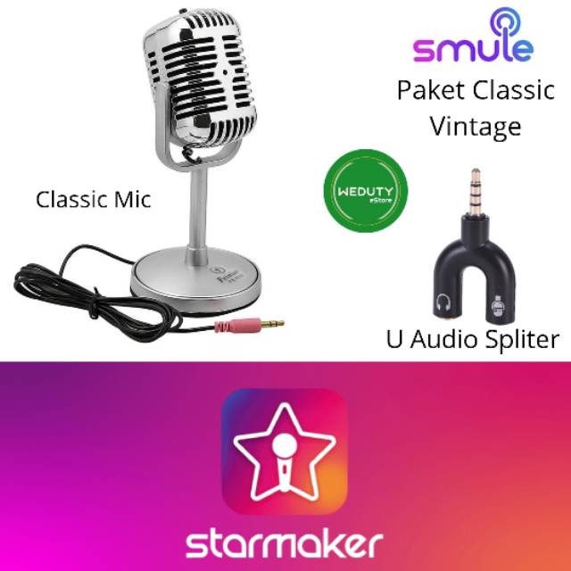 PAKET KARAOKE STARMAKER SMULE MICROFON MIC CLASSIC VINTAGE MIC JEPIT CLIP & AUDIO SPLITER HANDPHONE