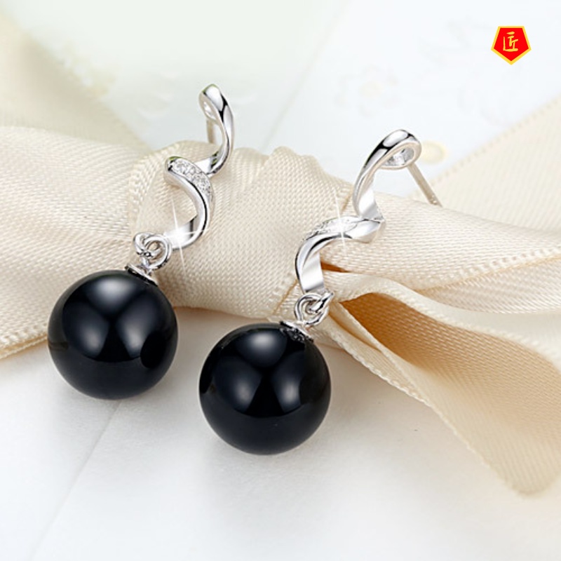 [Ready Stock]Elegant Long Fashion Black Agate Earrings