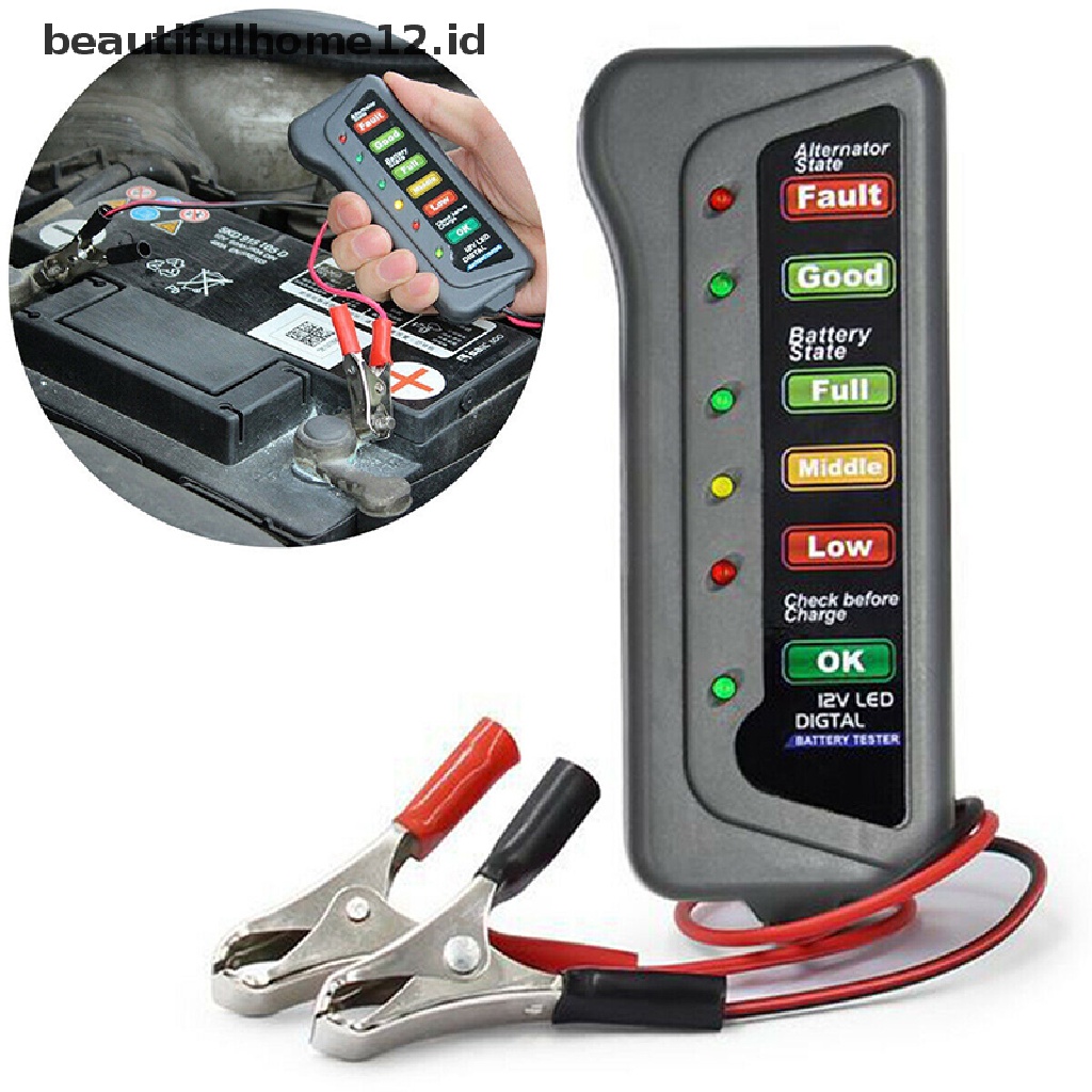 【beautifulhome12.id】 12V Car Battery Tester Digital Alternator 6 LED Lights Display Diagnostic Tool .