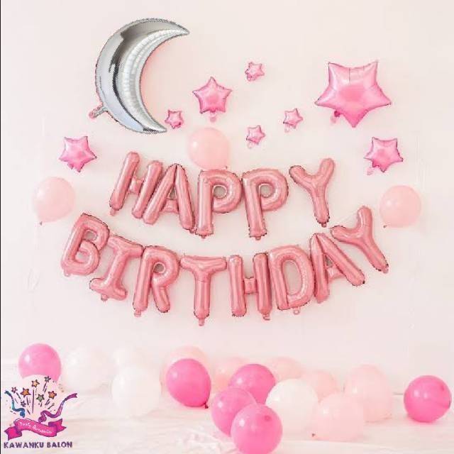 DEKORASI HAPPY BIRTHDAY BULAN PINK/BALON FOIL BULAN/BALON ULANG TAHUN