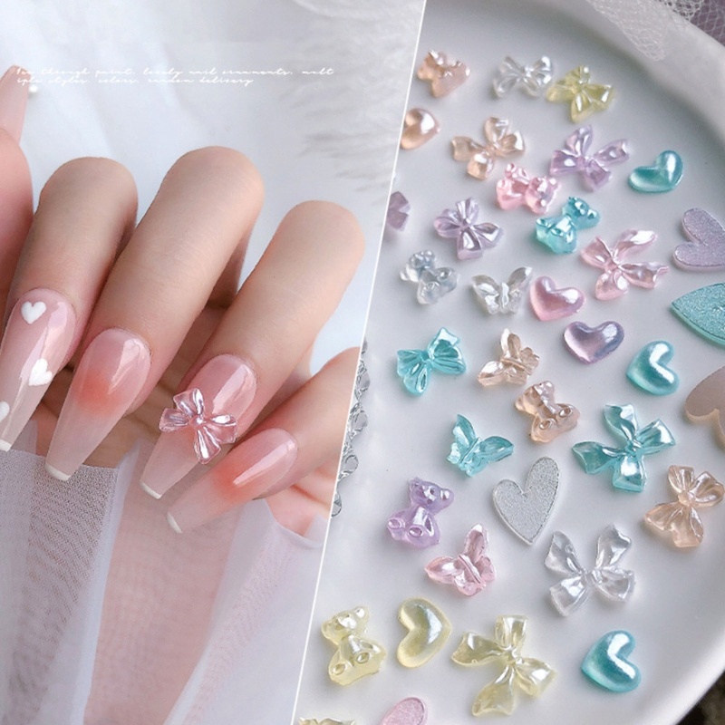 Zzz 50Pcs / Set Hiasan Kuku Bentuk Hati / Beruang Aksen Berlian Imitasi Bahan Resin Untuk Nail Art / Manicure