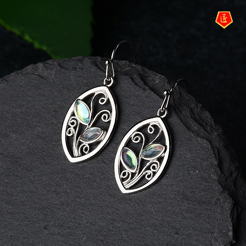 [Ready Stock]Creative Leaf-Shaped S925 Silver Colorful Moonstone Earrings