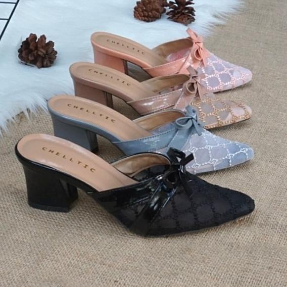 (HARGA TERMURAH) Sandal Hak Tahu Wanita Brukat/Sepatu Pesta Murah Terbaru /Sendal Slop Selop Slip On