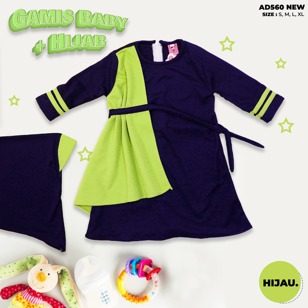 Gamis Polos Bayi Muslim Perempuan Set Jilbab | Baju Muslim Baby Perempuan Usia 3 24 Bulan