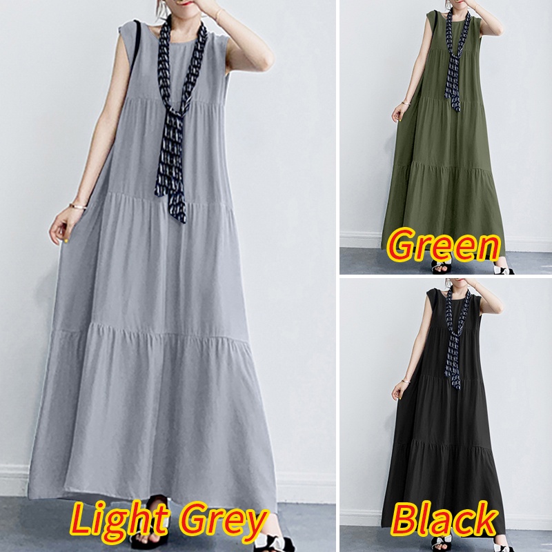 ZANZEA Women Casual Sleeveless Ruffles Hem O-Neck Layered Maxi Dress