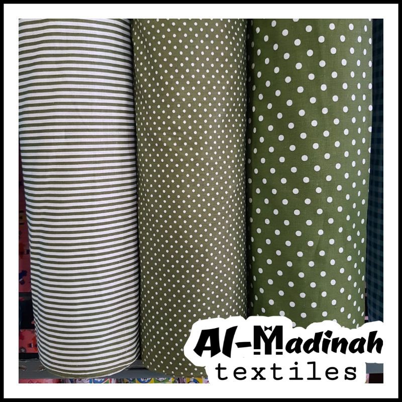 KAIN KATUN WARNA HIJAU TENTARA METERAN // MOTIF SALUR STRIP BLASTER, POLKADOT