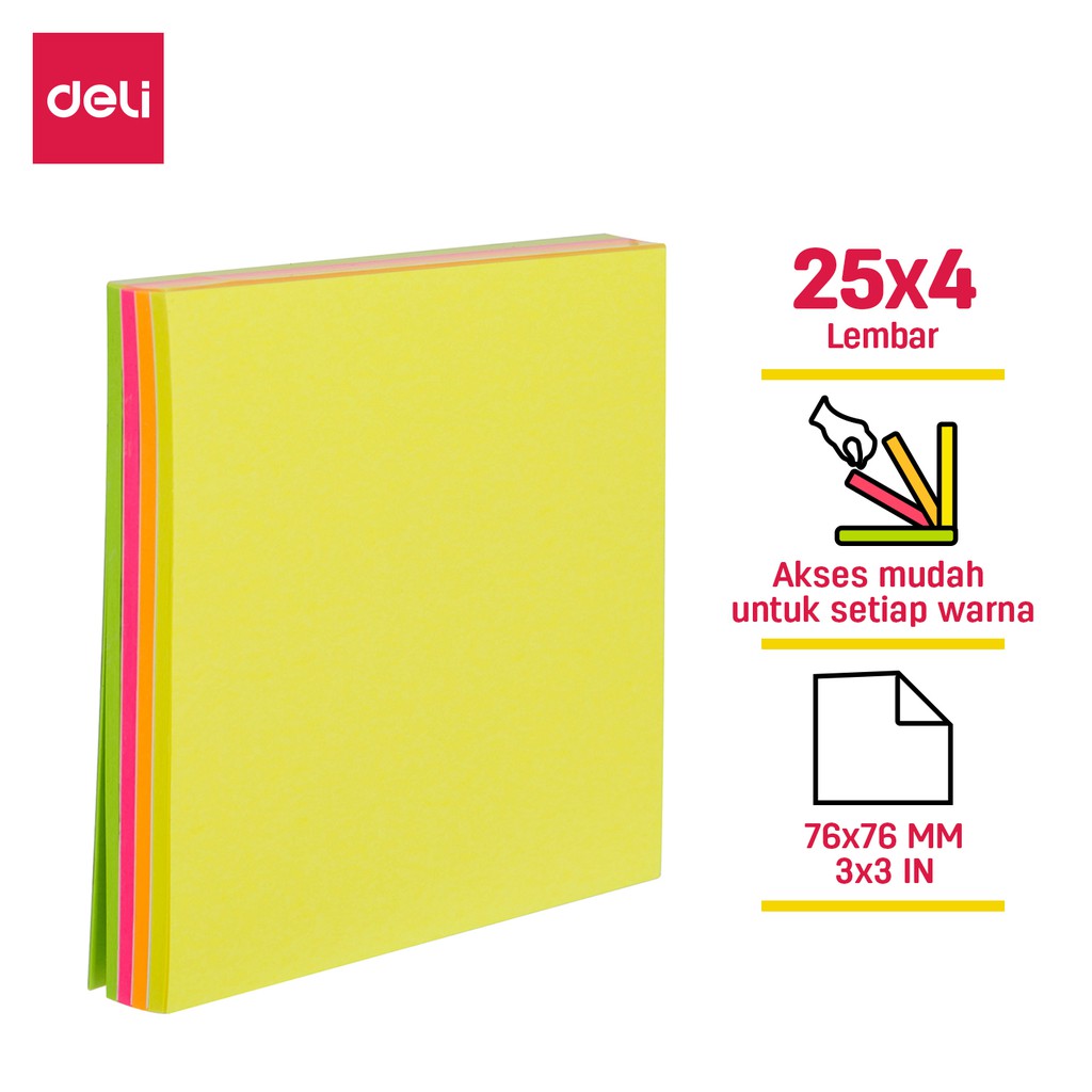 

Deli Memo tempel - Note Pad 76×76mm 4 warna 100 sheet perekat yang kuat dan tahan lama EA02002