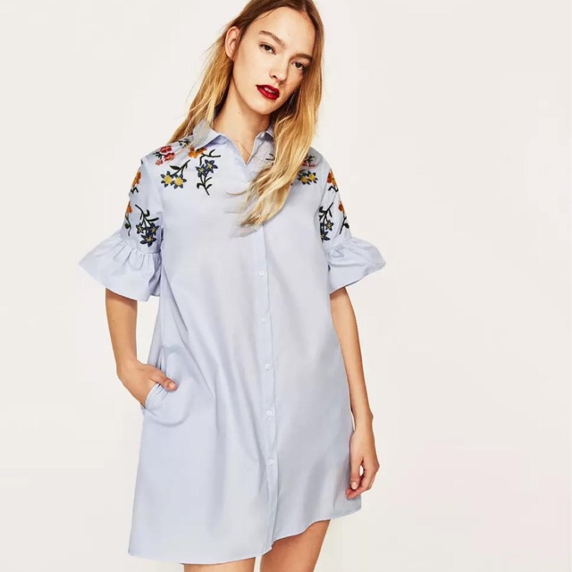 Zara blue embroidery shirt dress