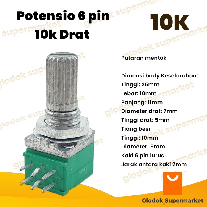 Potensio 6 pin 10k Drat Stereo Kaki  3-3 Lurus Segi Hijau 103