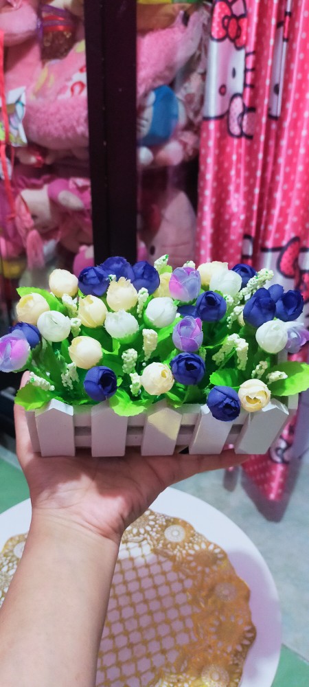 Vas Pagar Kayu Dan Bunga Mawar Lotus Artificial Shabby  Home Decoration