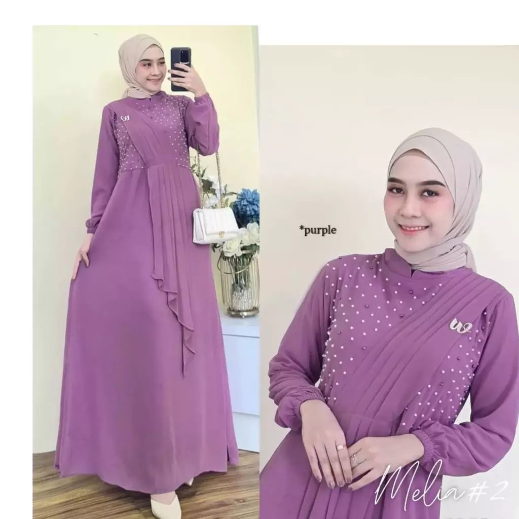 Melia Dress / Gamis Wanita Murah Bahan Ceruty Babydoll Aplikasi Mutiara / Fashion Muslimah Cewek Dewasa / GOM