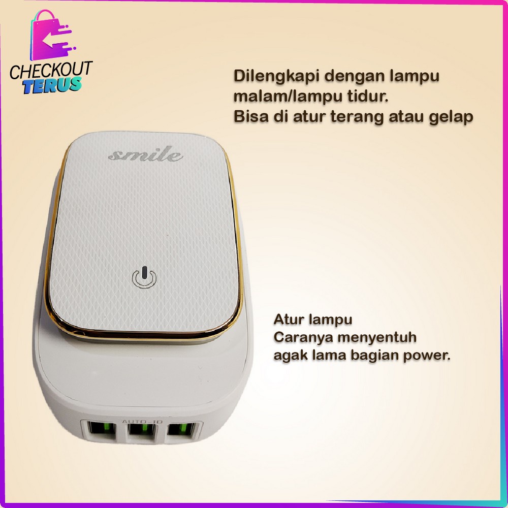 CT C464 Charger 3 USB Pengisi daya Adaptor Port Charger USB dengan Lampu Led Tidur Hemat Energi