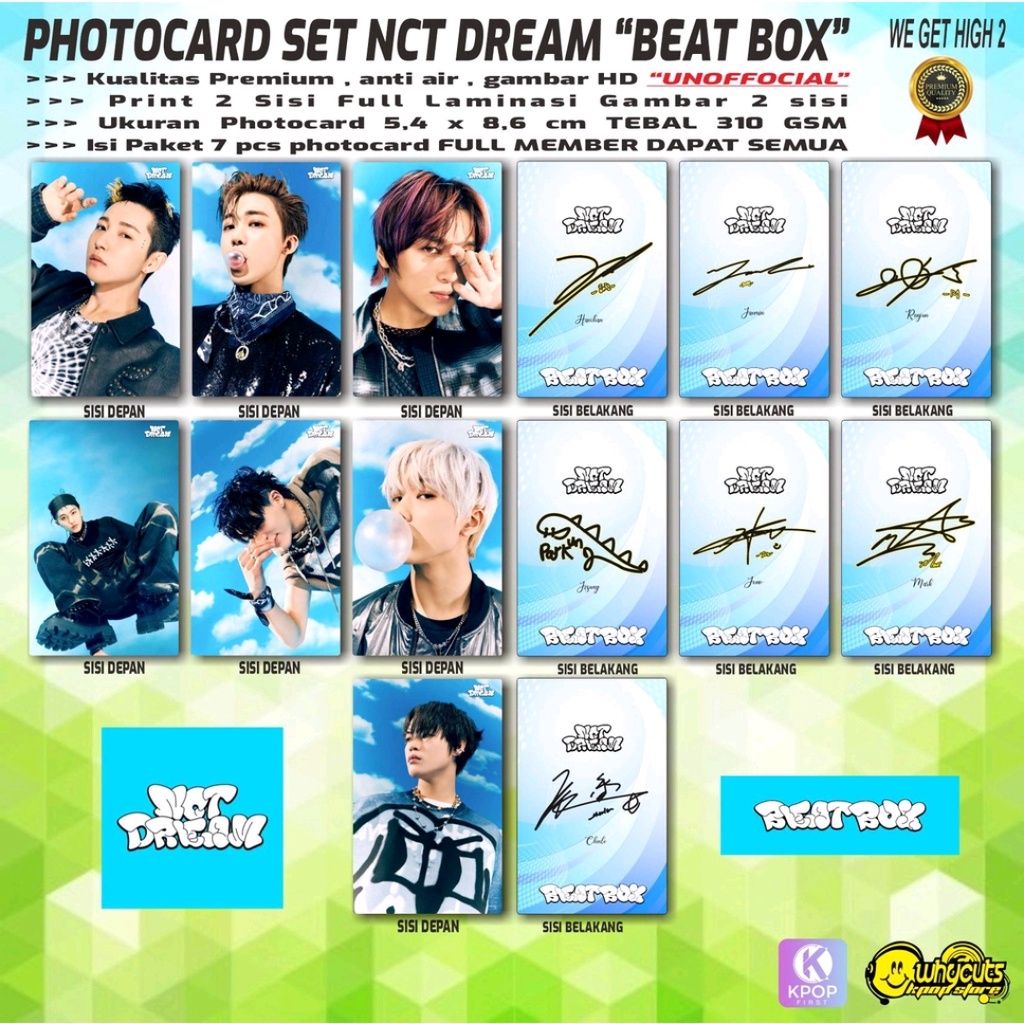 PHOTOCAR SET KPOP PREMIUM NCT DREAM BEAT BOX  / FULL SET 7 PCS PRINT 2 SISI LAMINASI GLOSSY