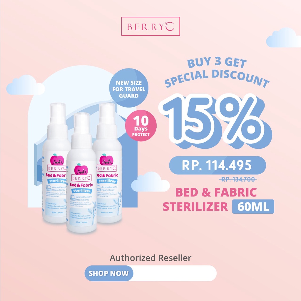 BerryC Bed &amp; Fabric Sterilizer Spray 60ml dengan Perlindungan 10 hari - Berry C Bed Spray Anti Tungau Serangga 60 ml