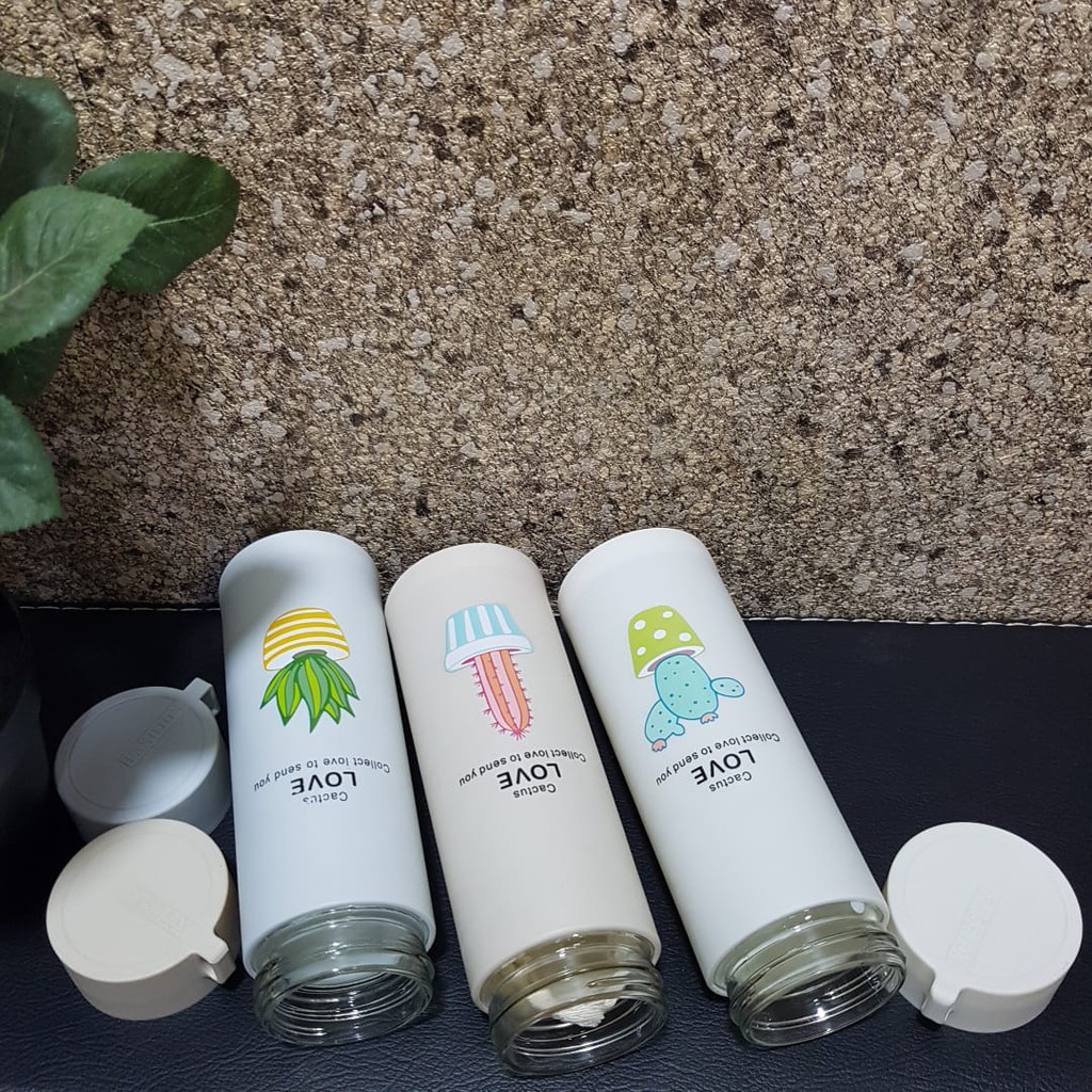 Souvenir Botol Minum Kaca Unik Motif Kaktus  - Botol Minum viral Tumbler Anak