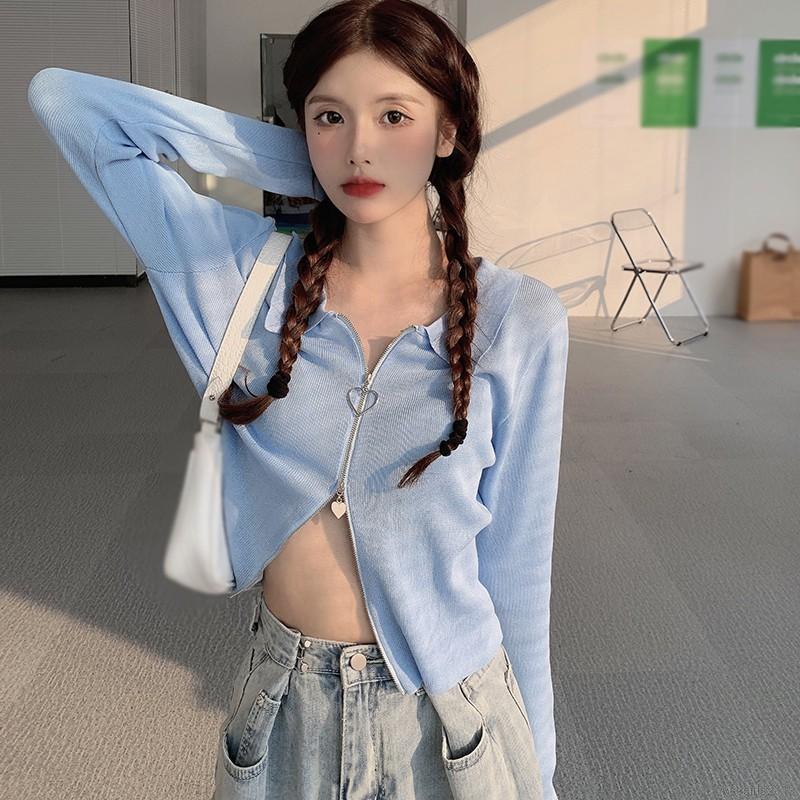 Cardigan Pendek  Model Lengan Panjang Kerah Lapel Resleting 