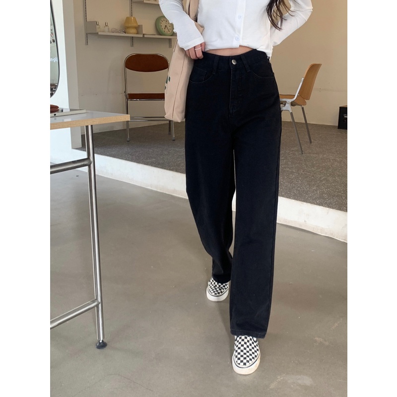 high waist  straight celana jeans panjang wanita hitam