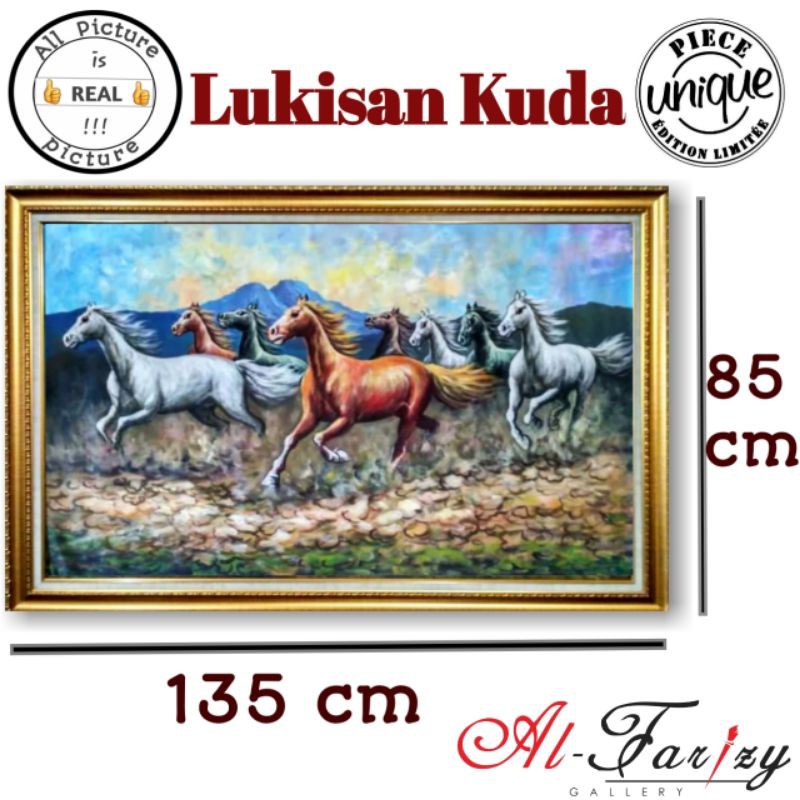 Lukisan Kuda 8 Ekor Fengshui Unik Gaya Naturalis Timbul dan Minimalis Ukuran 135x85 cm