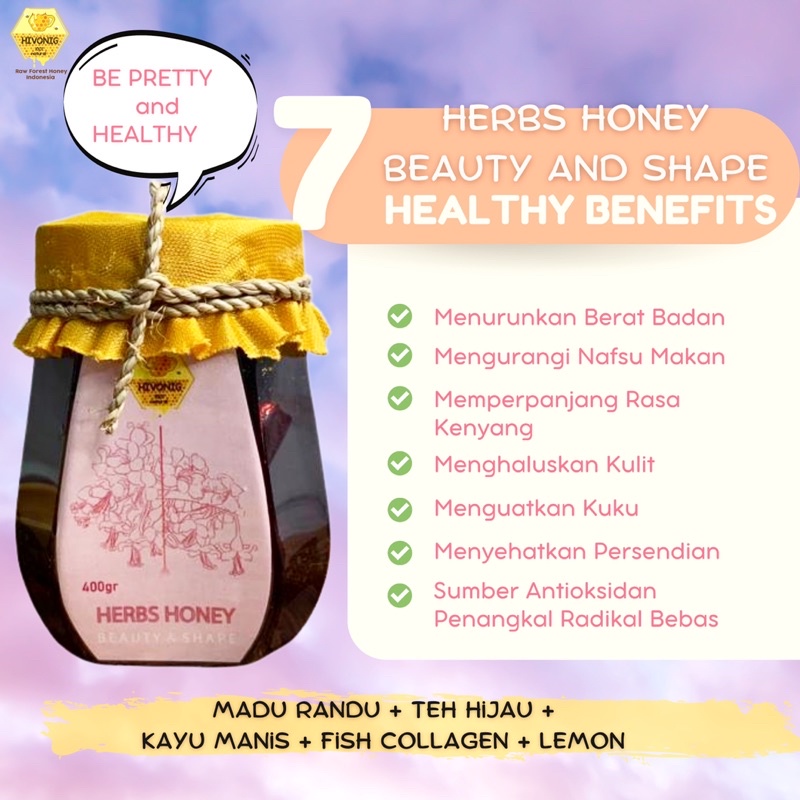 

Herbs Honey Beauty and Shape 400gr (Madu Herbal: Madu randu + Kayu Manis + Teh Hijau + Lemon + Fish Collagen) Madu Pelangsing / Slimming Honey / Madu Diet