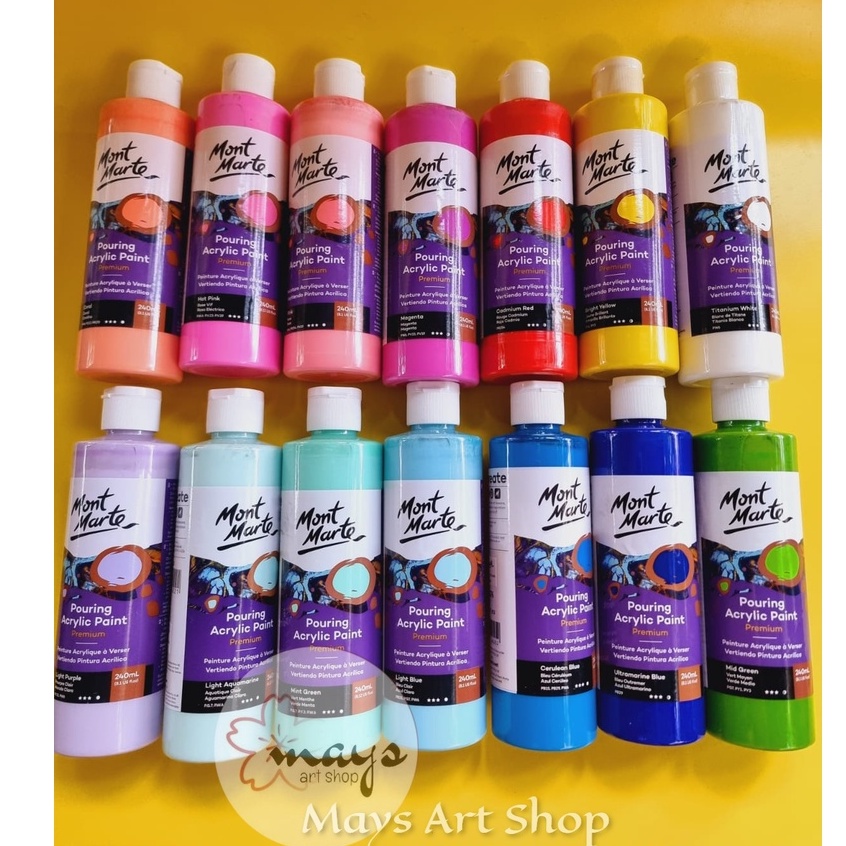 

Mont Marte Pouring Acrylic Paint 240 ml - Montmarte Pourring Cat Lukis Akrilik 240ml Acrilic Per Botol - Pewarna Resin Case Hp Casing Tuang Campur Mix Warna Warni