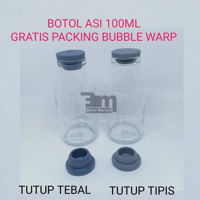 Botol Asi Kaca 100ml Tutup Karet / Botol Susu Bayi tutup rubber silicone