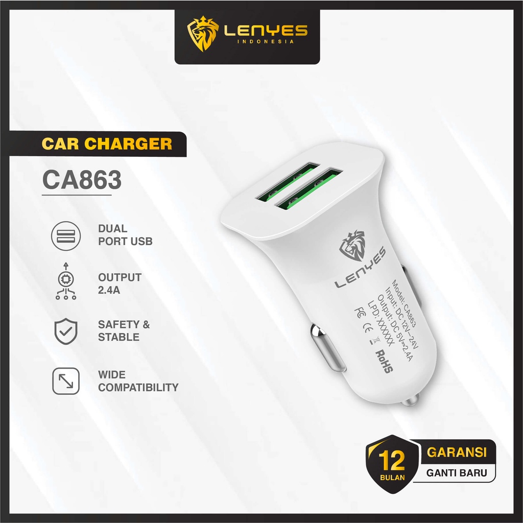 CAR CHARGER LENYES CA863 2 PORT USB FAST CHARGING