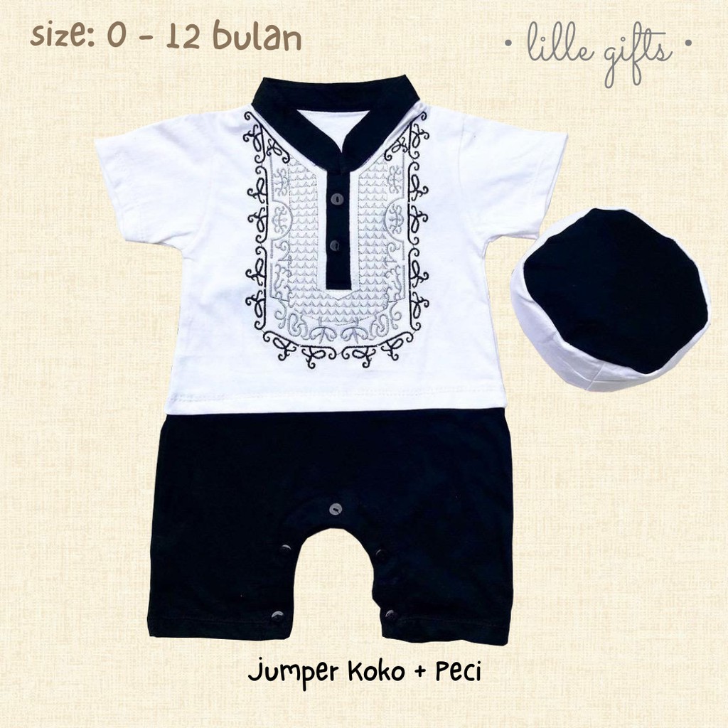 Koko Set - Setelan Baju Muslim Jumper Peci Bayi Laki-Laki - Size 0-12 Bulan - Lillegifts