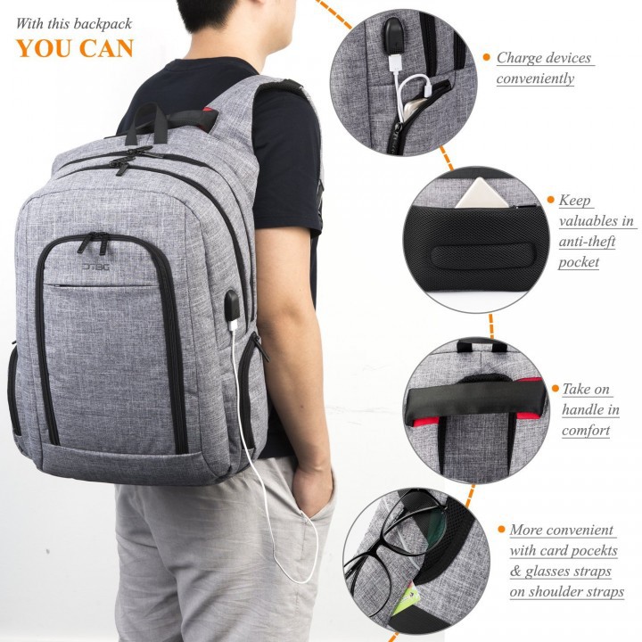 Tas DTBG D8234W 17.3 Inch Slim Laptop Backpack USB Port Bag Grey