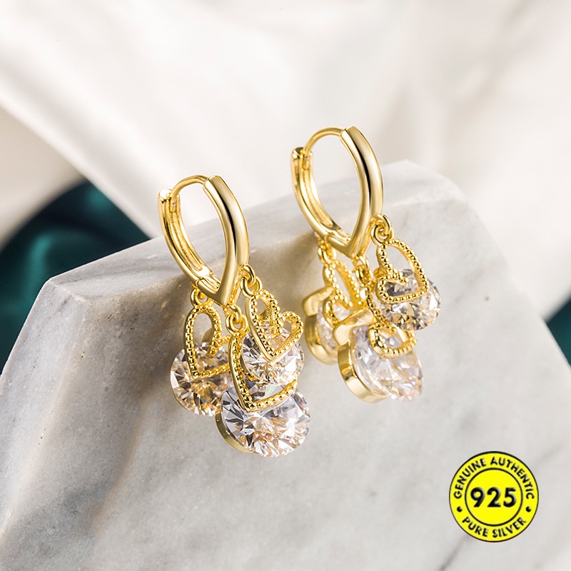 Anting Klip Lapis Emas 18K Bentuk Hati Bahan Zircon Anti Alergi Untuk Wanita