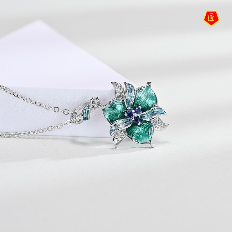 [Ready Stock]Elegant Green Flower Ring Necklace Earrings Pendant Set