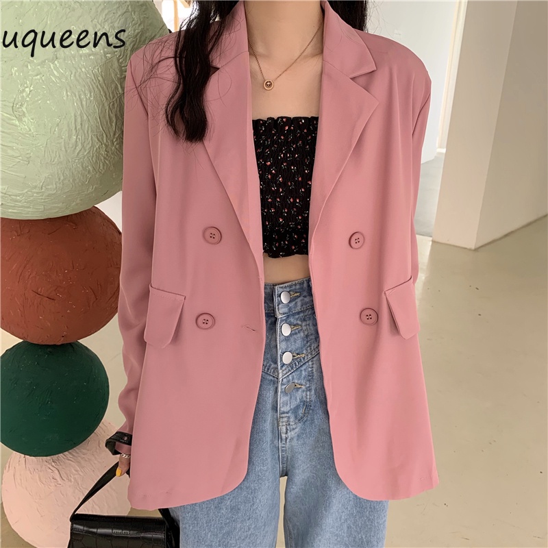 Blazer Warna Solid Longgar Kasual Lengan Panjang berkualitas baik