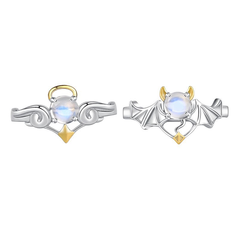 Cincin Model Terbuka Dapat Disesuaikan Desain Angel and Devil Moonstone Untuk Pasangan