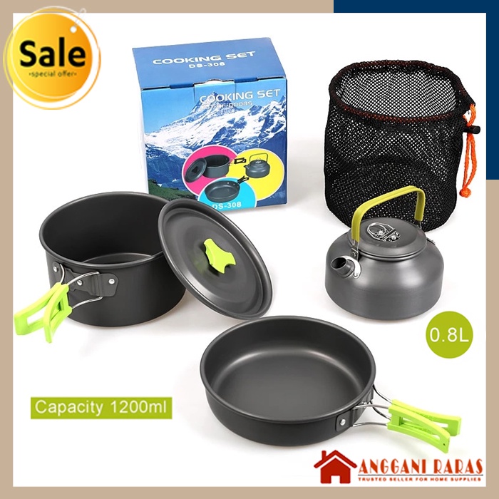 Panci Stenlis Alat Masak Camping Set 3 in 1 Portable Anti Lengket