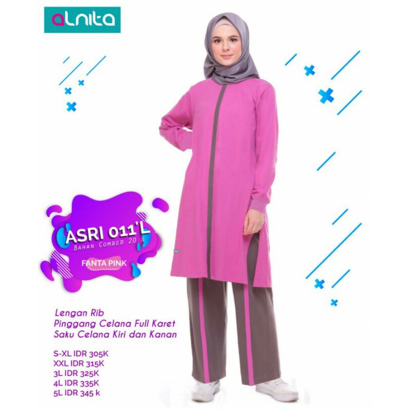 Setelan Baju Olahraga Wanita Asri 011 L Alnita Nibras Combed 20s Celana Saku Kanan Lengan Rib