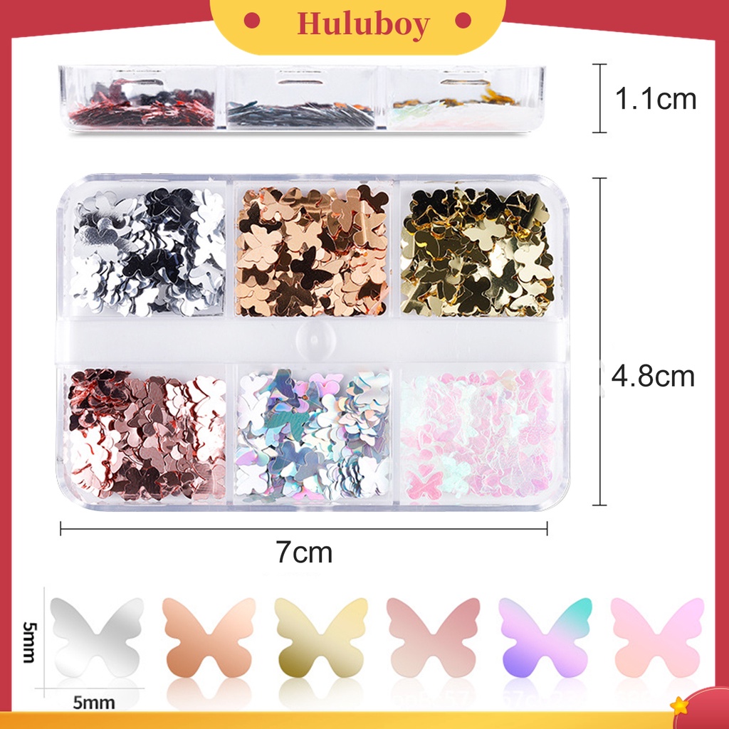 Huluboy Huluboy♡ 6 Grid / Kotak Sequin Bentuk Kupu-Kupu Untuk Nail Art Butterfly