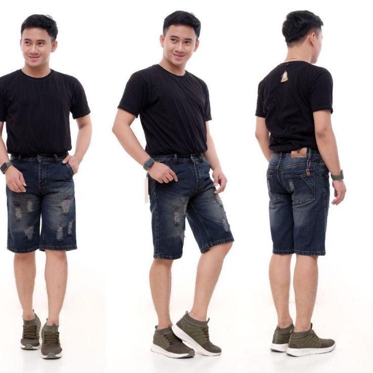 Celana Sobek Pendek Pria Distro Premium Denim Cowok Levis  Hitam 387